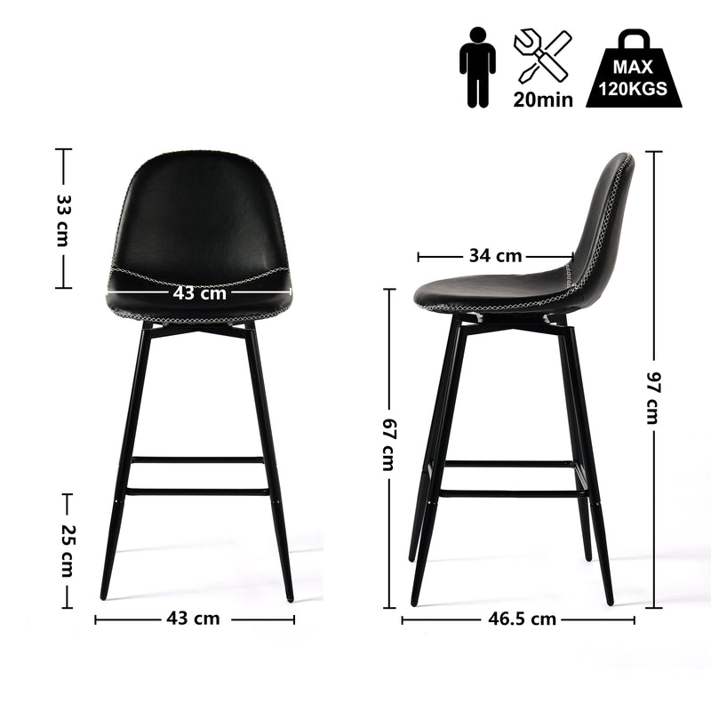 Set of 2 industrial style black PU swivel bar stools with white stitching 67Hcm CHARLTON COUNTER BLACK PU BLACK LEG 2PCS