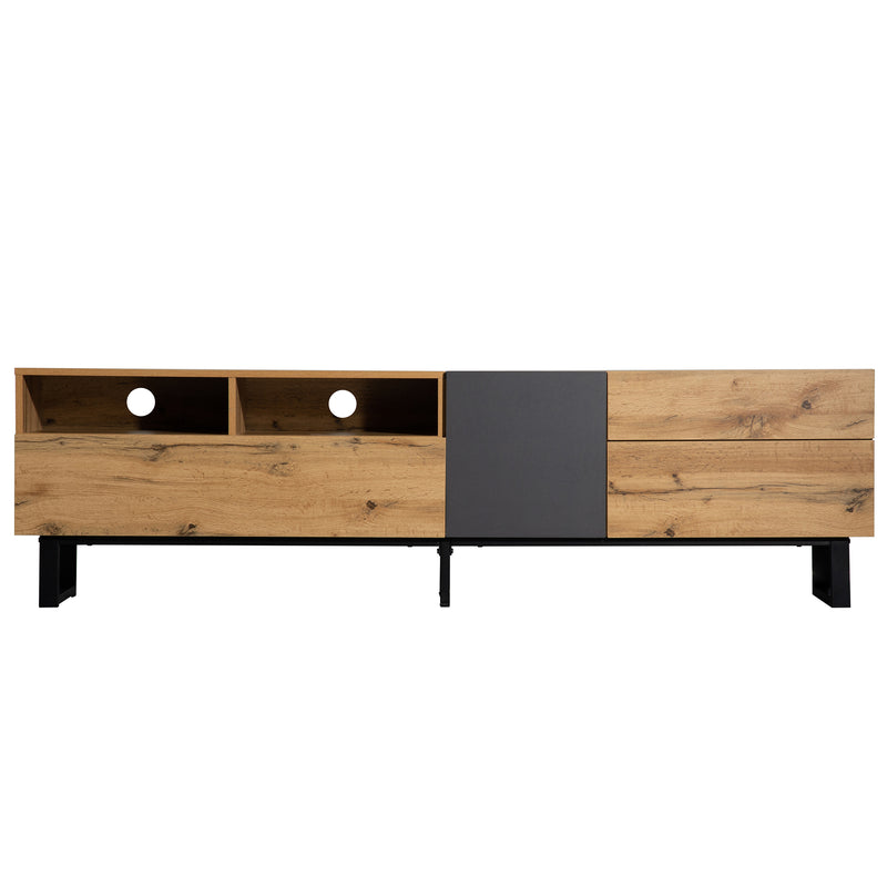 Meuble TV Moderne Noir et Gris Anthracite avec Pieds en Fer, 2 Tiroirs et Rangement Multi-Portes (180x45.5x35cm) SCILQUKS