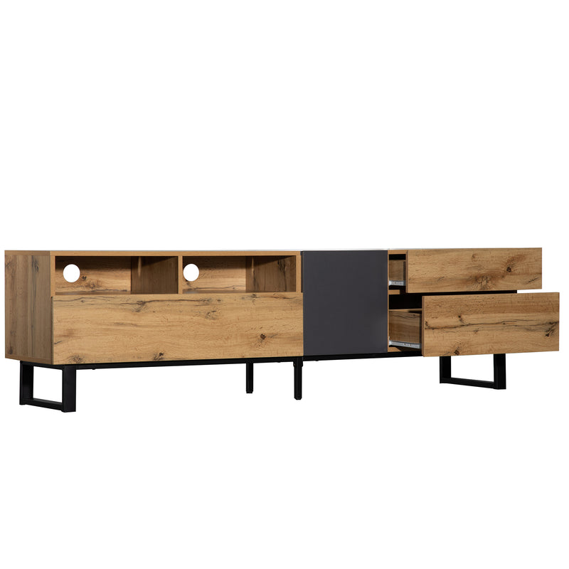 Meuble TV Moderne Noir et Gris Anthracite avec Pieds en Fer, 2 Tiroirs et Rangement Multi-Portes (180x45.5x35cm) SCILQUKS