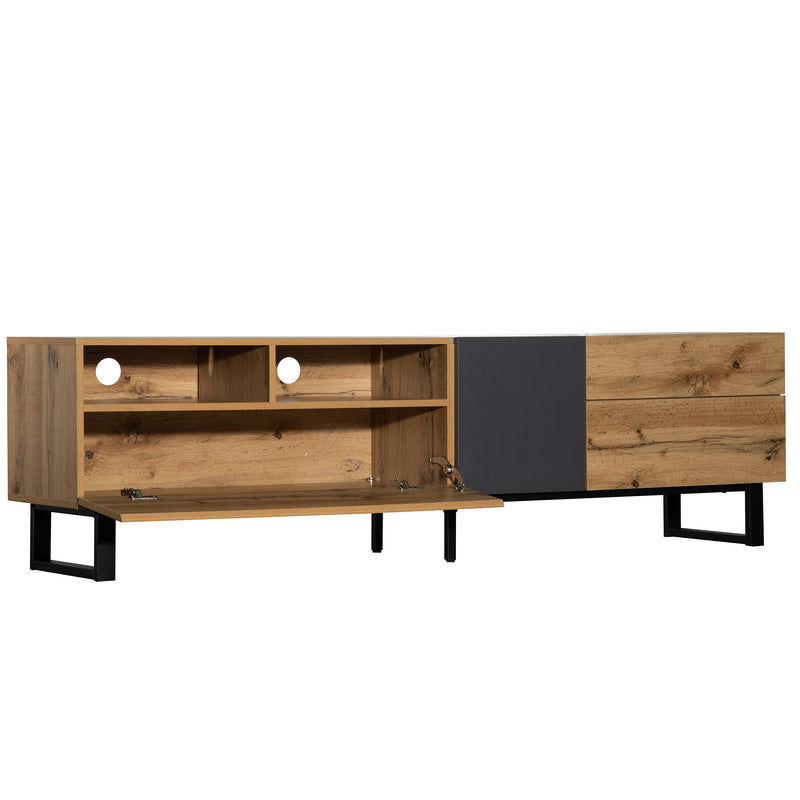 Meuble TV Moderne Noir et Gris Anthracite avec Pieds en Fer, 2 Tiroirs et Rangement Multi-Portes (180x45.5x35cm) SCILQUKS