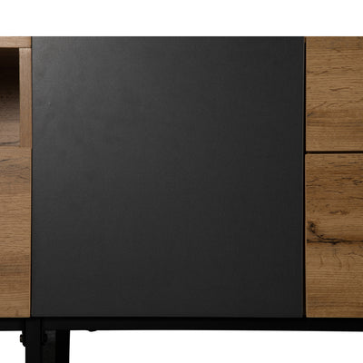 Meuble TV Moderne Noir et Gris Anthracite avec Pieds en Fer, 2 Tiroirs et Rangement Multi-Portes (180x45.5x35cm) SCILQUKS