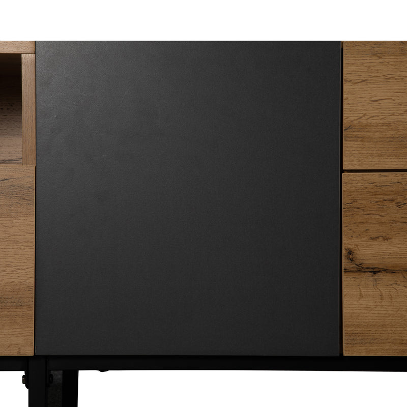 Meuble TV Moderne Noir et Gris Anthracite avec Pieds en Fer, 2 Tiroirs et Rangement Multi-Portes (180x45.5x35cm) SCILQUKS
