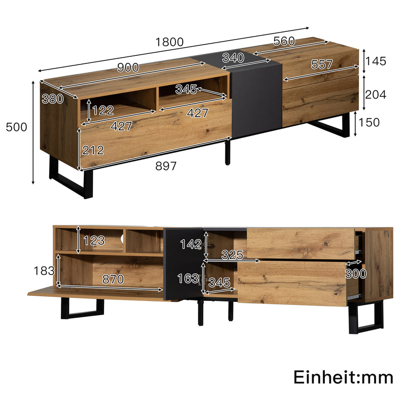 Meuble TV Moderne Noir et Gris Anthracite avec Pieds en Fer, 2 Tiroirs et Rangement Multi-Portes (180x45.5x35cm) SCILQUKS