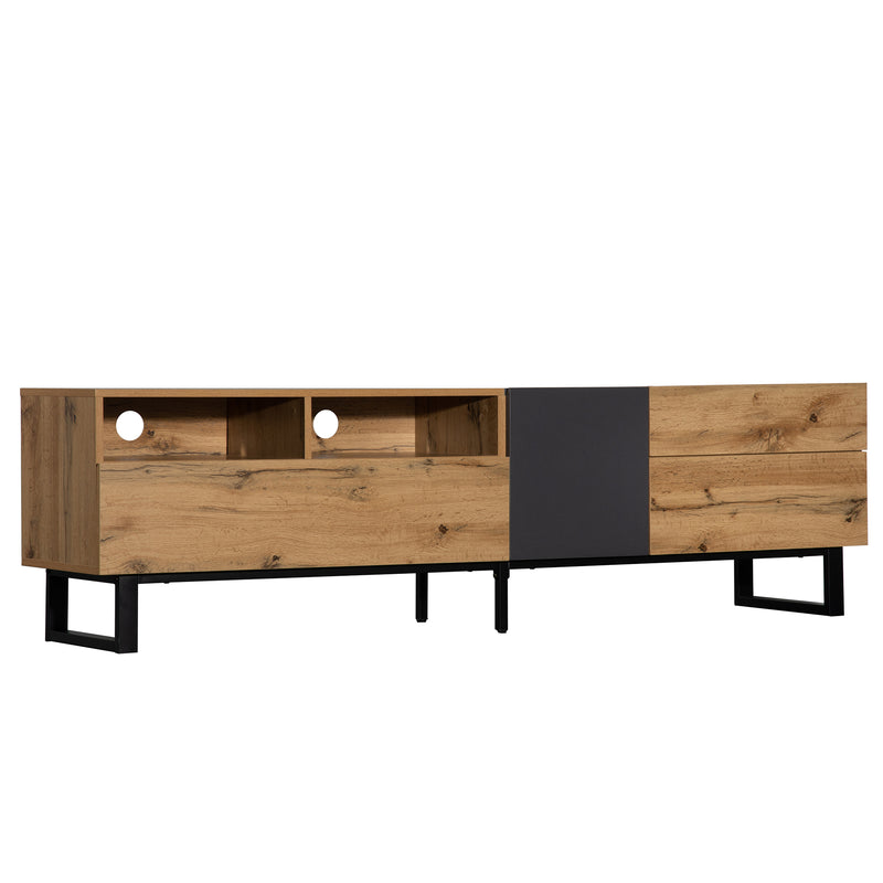 Meuble TV Moderne Noir et Gris Anthracite avec Pieds en Fer, 2 Tiroirs et Rangement Multi-Portes (180x45.5x35cm) SCILQUKS