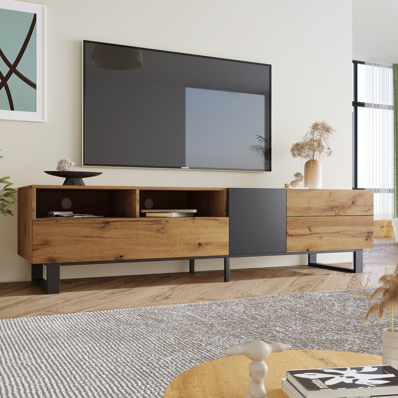 Meuble TV Moderne Noir et Gris Anthracite avec Pieds en Fer, 2 Tiroirs et Rangement Multi-Portes (180x45.5x35cm) SCILQUKS
