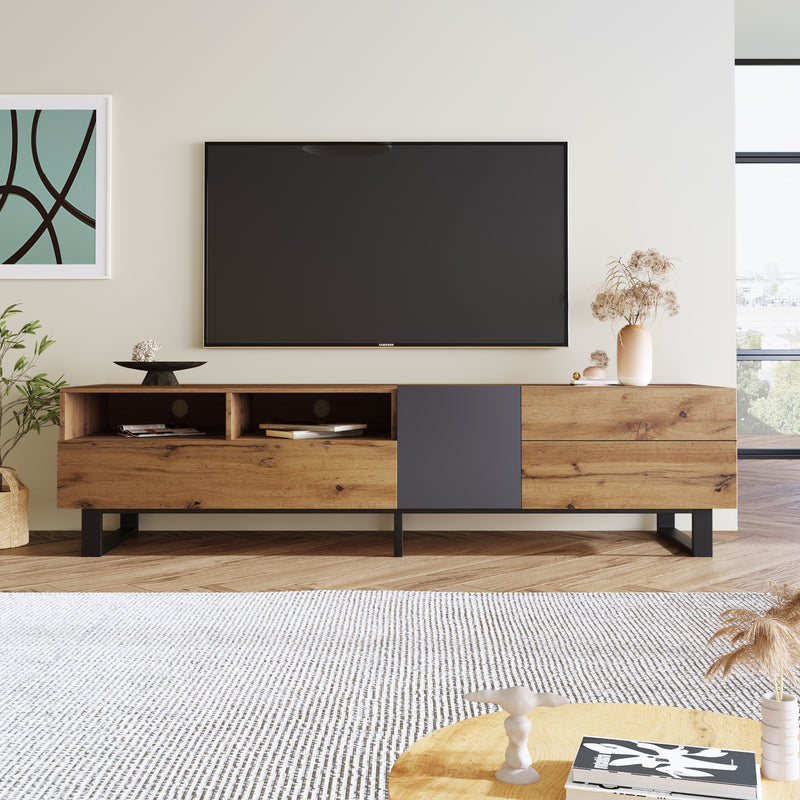 Meuble TV Moderne Noir et Gris Anthracite avec Pieds en Fer, 2 Tiroirs et Rangement Multi-Portes (180x45.5x35cm) SCILQUKS
