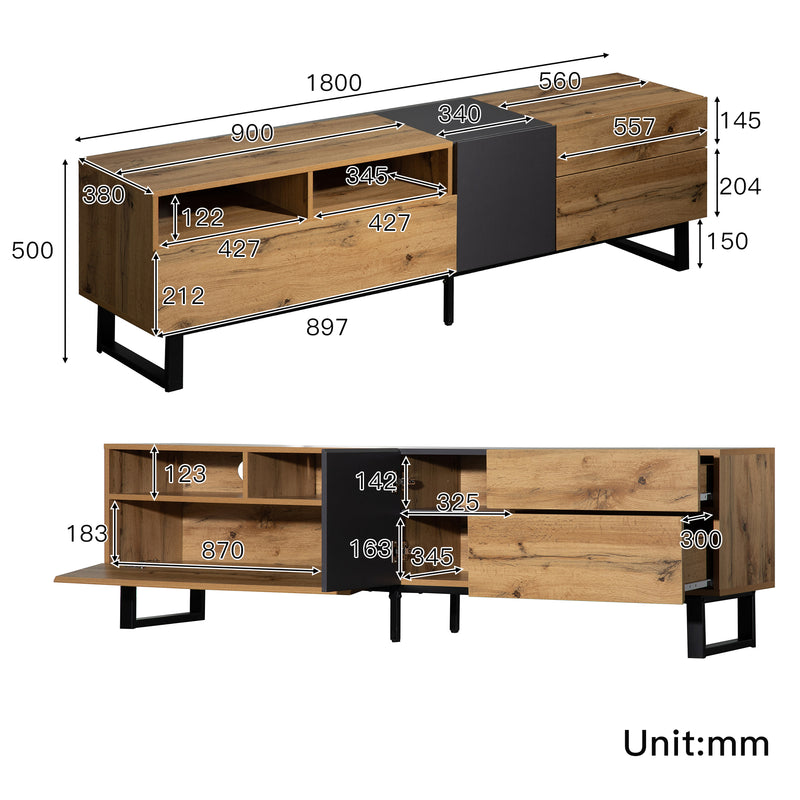 Meuble TV Moderne Noir et Gris Anthracite avec Pieds en Fer, 2 Tiroirs et Rangement Multi-Portes (180x45.5x35cm) SCILQUKS