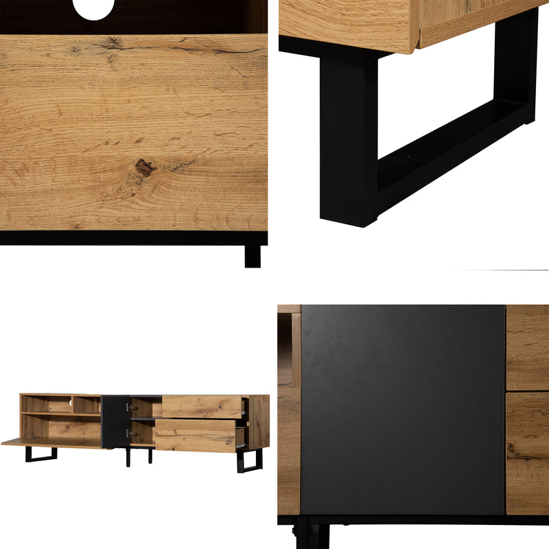 Meuble TV Moderne Noir et Gris Anthracite avec Pieds en Fer, 2 Tiroirs et Rangement Multi-Portes (180x45.5x35cm) SCILQUKS