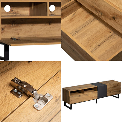 Meuble TV Moderne Noir et Gris Anthracite avec Pieds en Fer, 2 Tiroirs et Rangement Multi-Portes (180x45.5x35cm) SCILQUKS