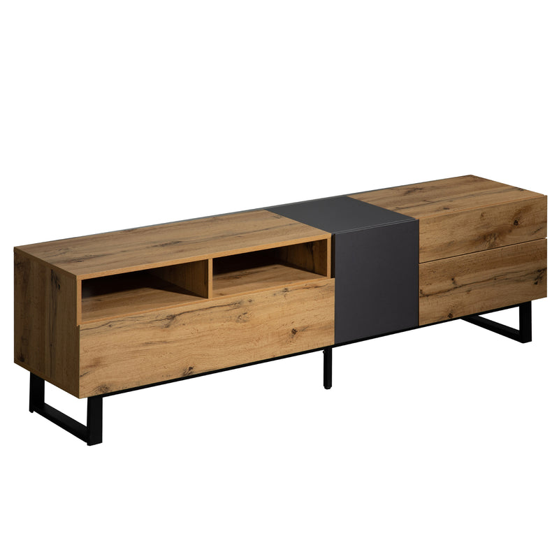 Meuble TV Moderne Noir et Gris Anthracite avec Pieds en Fer, 2 Tiroirs et Rangement Multi-Portes (180x45.5x35cm) SCILQUKS