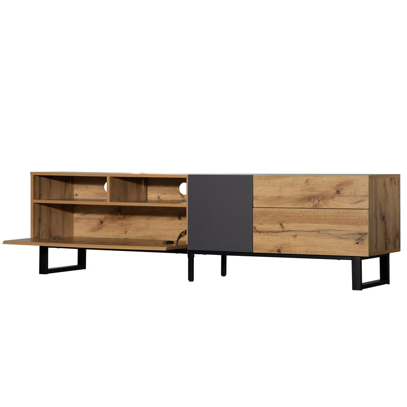 Meuble TV Moderne Noir et Gris Anthracite avec Pieds en Fer, 2 Tiroirs et Rangement Multi-Portes (180x45.5x35cm) SCILQUKS