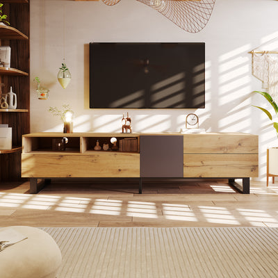 Meuble TV Moderne Noir et Gris Anthracite avec Pieds en Fer, 2 Tiroirs et Rangement Multi-Portes (180x45.5x35cm) SCILQUKS