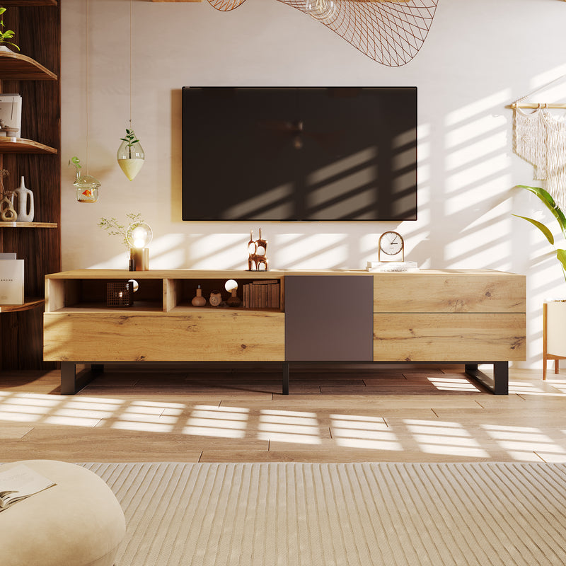 Meuble TV Moderne Noir et Gris Anthracite avec Pieds en Fer, 2 Tiroirs et Rangement Multi-Portes (180x45.5x35cm) SCILQUKS