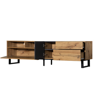 Meuble TV Moderne Noir et Gris Anthracite avec Pieds en Fer, 2 Tiroirs et Rangement Multi-Portes (180x45.5x35cm) SCILQUKS