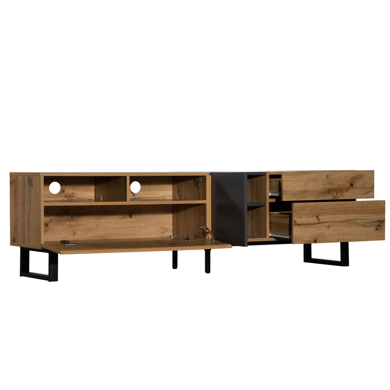 Meuble TV Moderne Noir et Gris Anthracite avec Pieds en Fer, 2 Tiroirs et Rangement Multi-Portes (180x45.5x35cm) SCILQUKS