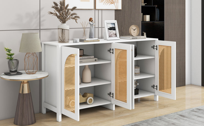 Buffet Design Unique Blanc avec 4 Portes en Rotin Artificiel Courbé - Rangement Polyvalent SCIRQRAIN