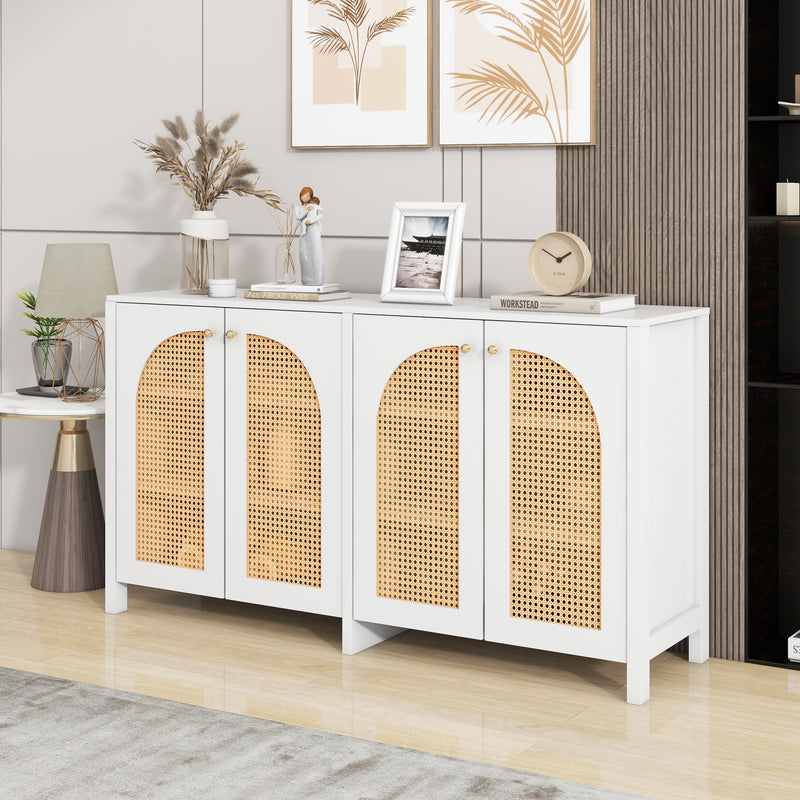 Buffet Design Unique Blanc avec 4 Portes en Rotin Artificiel Courbé - Rangement Polyvalent SCIRQRAIN