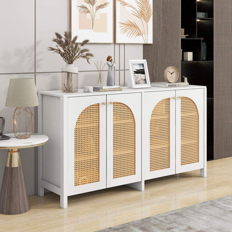Buffet Design Unique Blanc avec 4 Portes en Rotin Artificiel Courbé - Rangement Polyvalent SCIRQRAIN