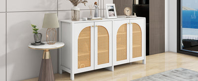 Buffet Design Unique Blanc avec 4 Portes en Rotin Artificiel Courbé - Rangement Polyvalent SCIRQRAIN