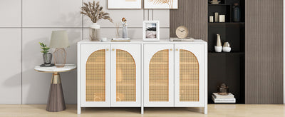 Buffet Design Unique Blanc avec 4 Portes en Rotin Artificiel Courbé - Rangement Polyvalent SCIRQRAIN