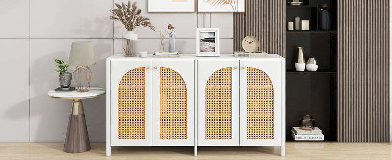 Buffet Design Unique Blanc avec 4 Portes en Rotin Artificiel Courbé - Rangement Polyvalent SCIRQRAIN