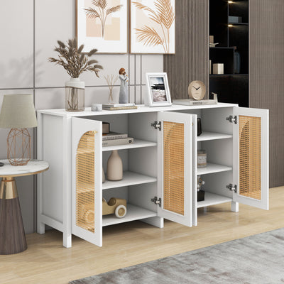 Buffet Design Unique Blanc avec 4 Portes en Rotin Artificiel Courbé - Rangement Polyvalent SCIRQRAIN