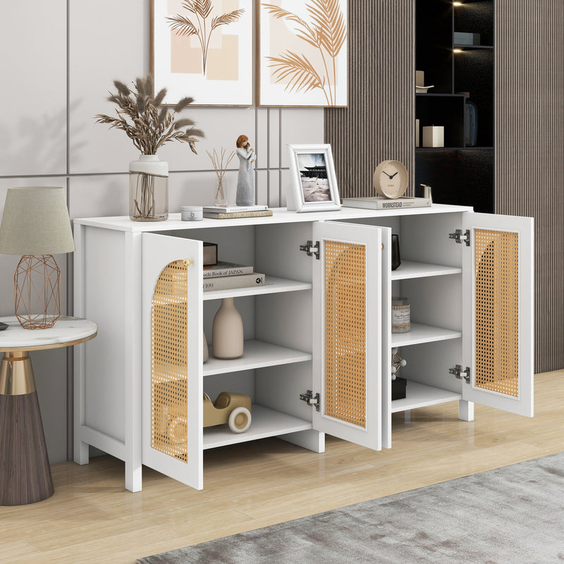 Buffet Design Unique Blanc avec 4 Portes en Rotin Artificiel Courbé - Rangement Polyvalent SCIRQRAIN
