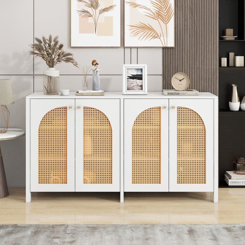 Buffet Design Unique Blanc avec 4 Portes en Rotin Artificiel Courbé - Rangement Polyvalent SCIRQRAIN