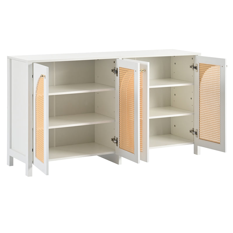 Buffet Design Unique Blanc avec 4 Portes en Rotin Artificiel Courbé - Rangement Polyvalent SCIRQRAIN