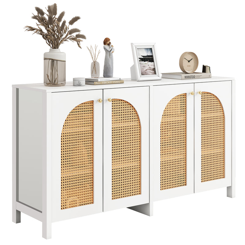 Buffet Design Unique Blanc avec 4 Portes en Rotin Artificiel Courbé - Rangement Polyvalent SCIRQRAIN