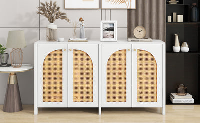 Buffet Design Unique Blanc avec 4 Portes en Rotin Artificiel Courbé - Rangement Polyvalent SCIRQRAIN