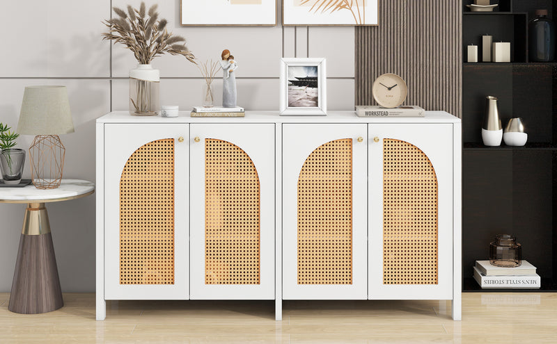 Buffet Design Unique Blanc avec 4 Portes en Rotin Artificiel Courbé - Rangement Polyvalent SCIRQRAIN