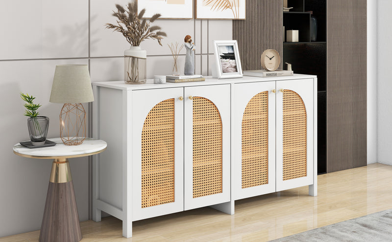 Buffet Design Unique Blanc avec 4 Portes en Rotin Artificiel Courbé - Rangement Polyvalent SCIRQRAIN