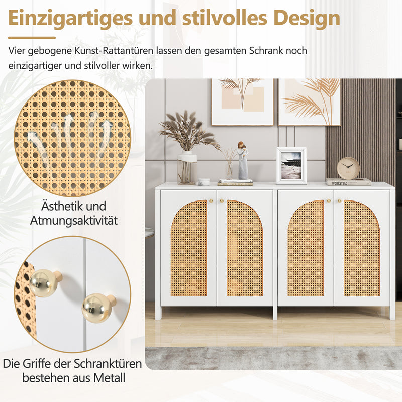 Buffet Design Unique Blanc avec 4 Portes en Rotin Artificiel Courbé - Rangement Polyvalent SCIRQRAIN