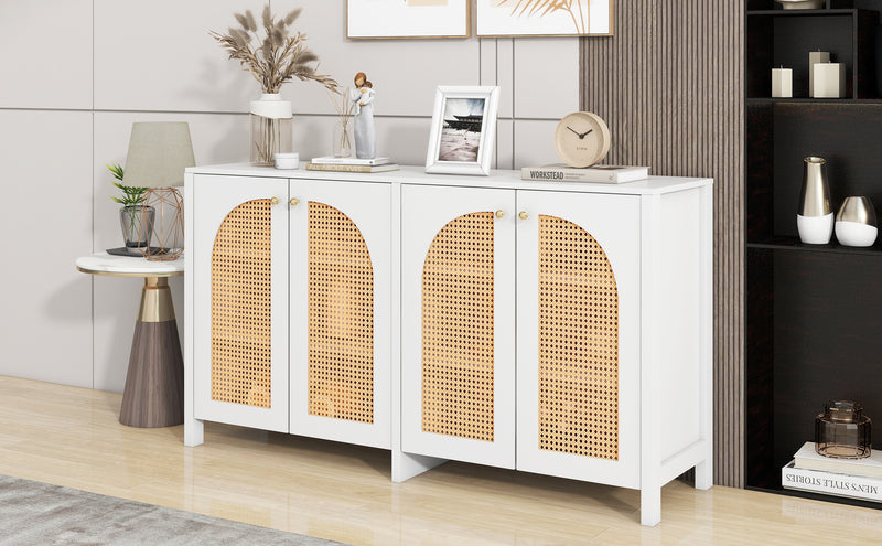 Buffet Design Unique Blanc avec 4 Portes en Rotin Artificiel Courbé - Rangement Polyvalent SCIRQRAIN