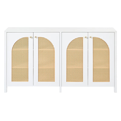 Buffet Design Unique Blanc avec 4 Portes en Rotin Artificiel Courbé - Rangement Polyvalent SCIRQRAIN