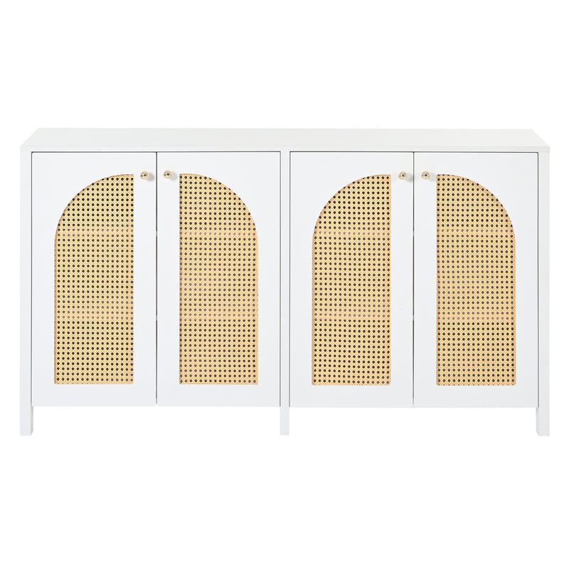 Buffet Design Unique Blanc avec 4 Portes en Rotin Artificiel Courbé - Rangement Polyvalent SCIRQRAIN