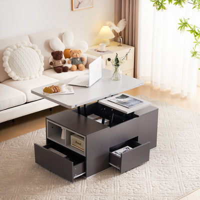 Table Basse Modulable Grise avec Plateau Relevable, 3 Tiroirs et Rangement Intégré SCODS