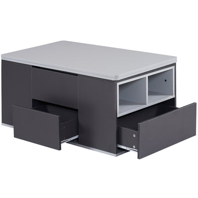 Table Basse Modulable Grise avec Plateau Relevable, 3 Tiroirs et Rangement Intégré SCODS