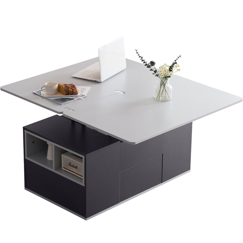 Table Basse Modulable Grise avec Plateau Relevable, 3 Tiroirs et Rangement Intégré SCODS