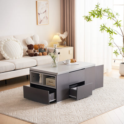 Table Basse Modulable Grise avec Plateau Relevable, 3 Tiroirs et Rangement Intégré SCODS