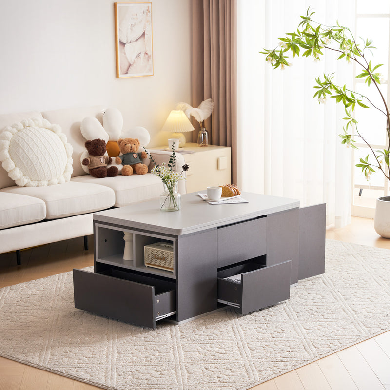 Table Basse Modulable Grise avec Plateau Relevable, 3 Tiroirs et Rangement Intégré SCODS