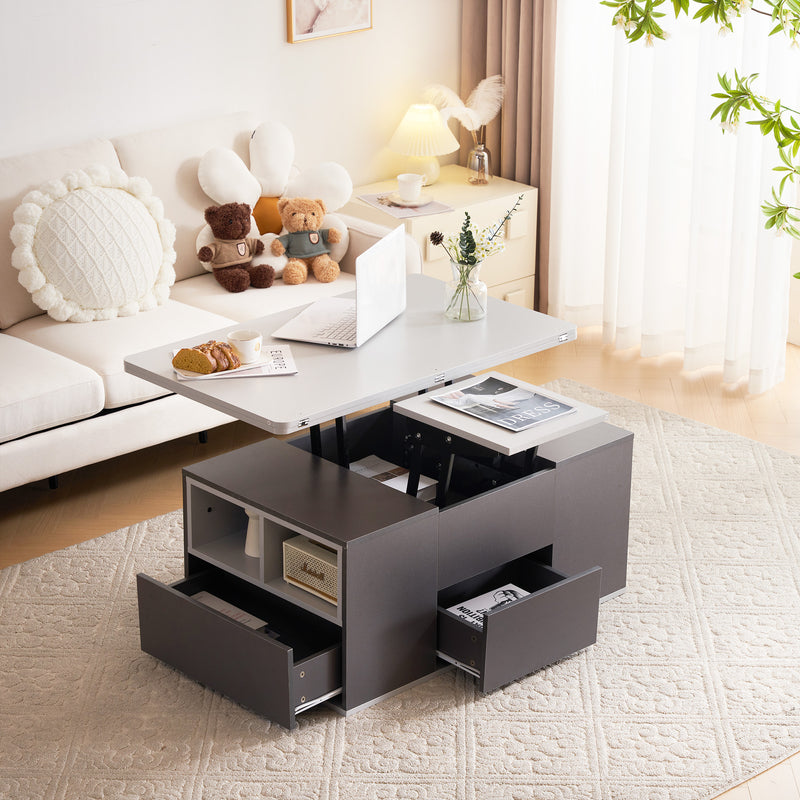 Table Basse Modulable Grise avec Plateau Relevable, 3 Tiroirs et Rangement Intégré SCODS