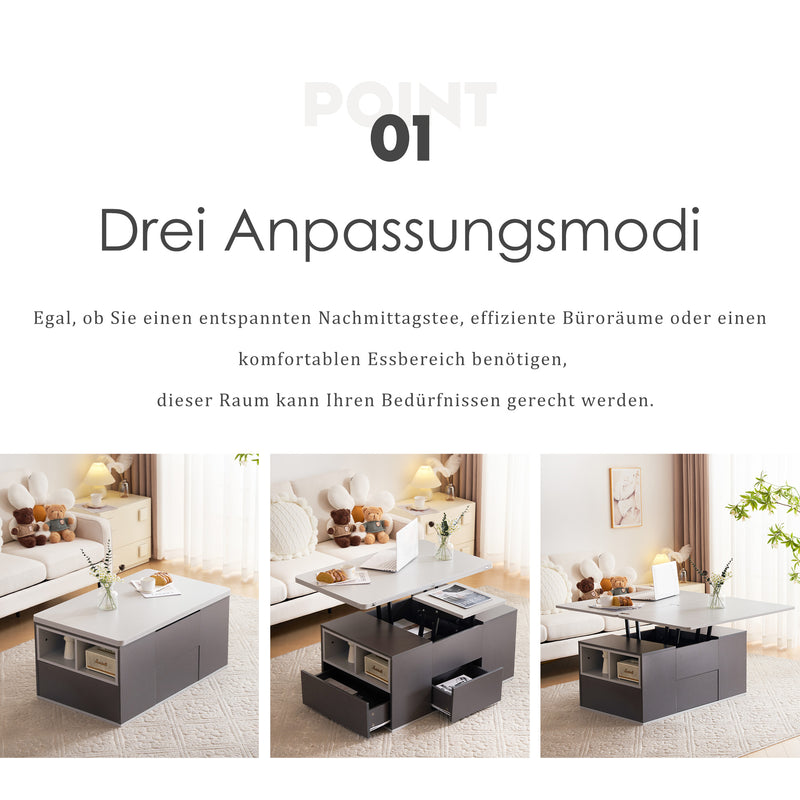 Table Basse Modulable Grise avec Plateau Relevable, 3 Tiroirs et Rangement Intégré SCODS
