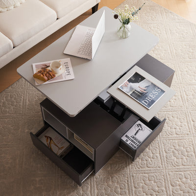 Table Basse Modulable Grise avec Plateau Relevable, 3 Tiroirs et Rangement Intégré SCODS