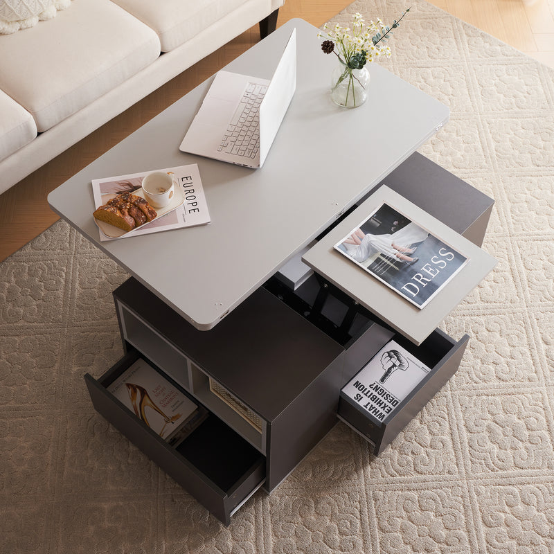 Table Basse Modulable Grise avec Plateau Relevable, 3 Tiroirs et Rangement Intégré SCODS