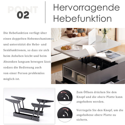 Table Basse Modulable Grise avec Plateau Relevable, 3 Tiroirs et Rangement Intégré SCODS