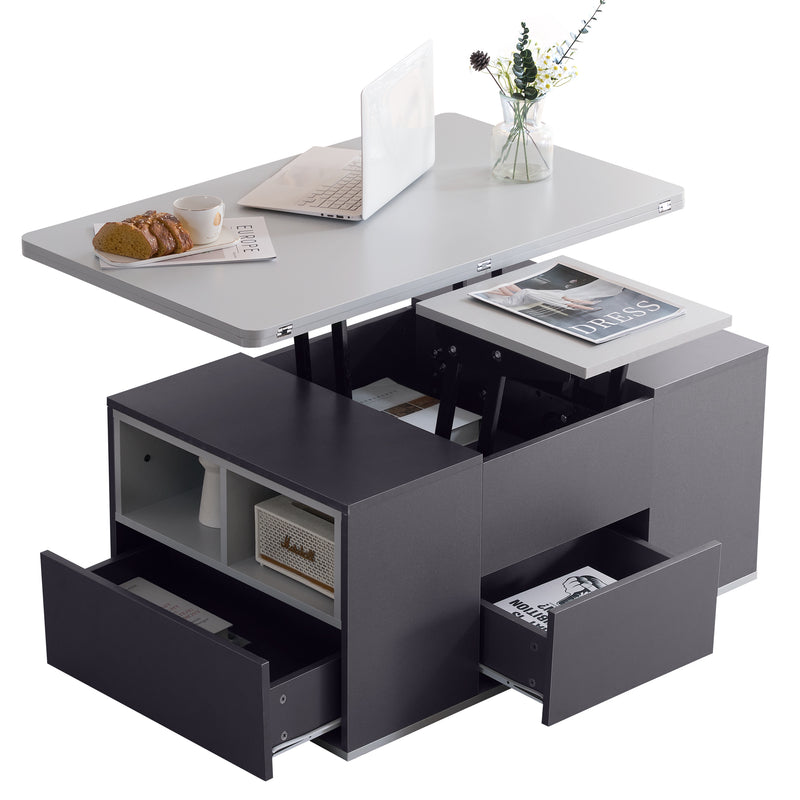 Table Basse Modulable Grise avec Plateau Relevable, 3 Tiroirs et Rangement Intégré SCODS