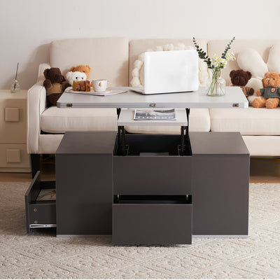 Table Basse Modulable Grise avec Plateau Relevable, 3 Tiroirs et Rangement Intégré SCODS