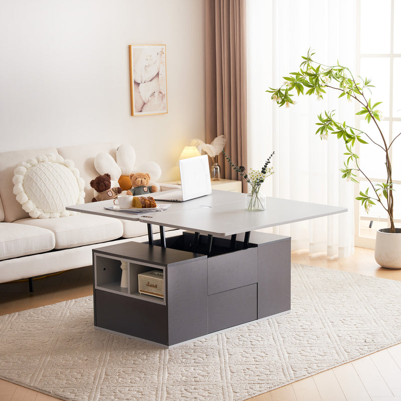 Table Basse Modulable Grise avec Plateau Relevable, 3 Tiroirs et Rangement Intégré SCODS